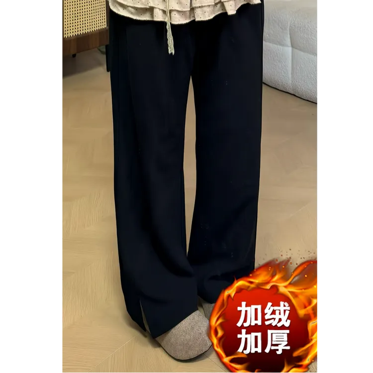秋冬加绒韩版松紧高腰宽松大码女装微胖显瘦遮肉直筒裤脚开叉长裤