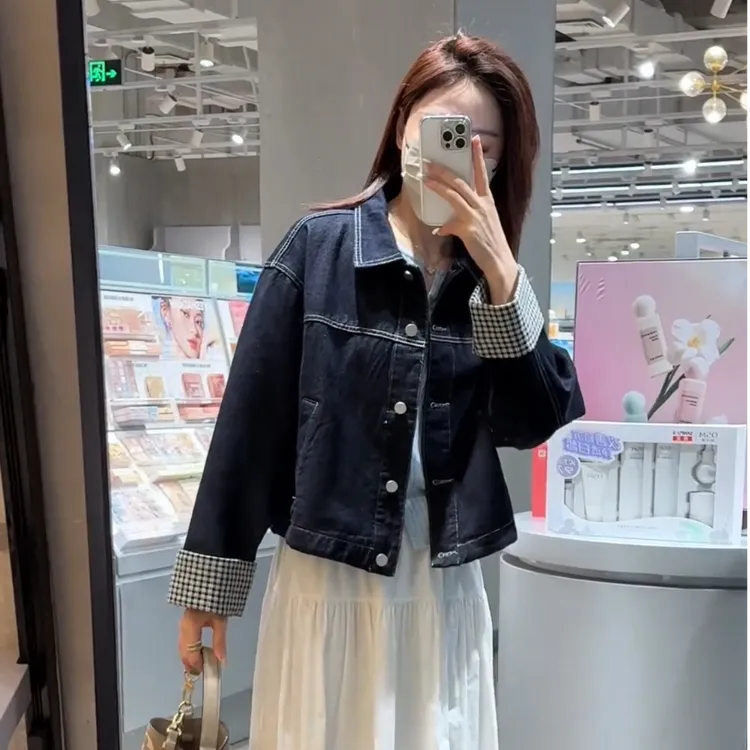 「不褪色面料」高端设计感拼接爆款牛仔外套女装休闲洋气夹克上衣