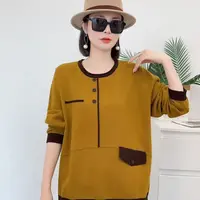 中老年女装宽松针织衫简约风百搭针织长袖拼色小衫5437