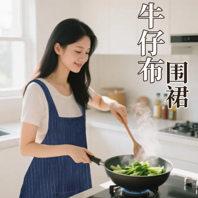 韩版时尚加厚牛仔围裙透气家用厨房男女工作服餐饮围腰可定制logo