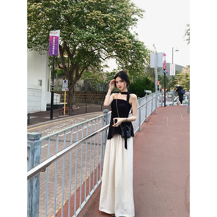 韩系温柔气质显瘦一字肩设计感T恤女2025春夏新款时尚高腰休闲裤