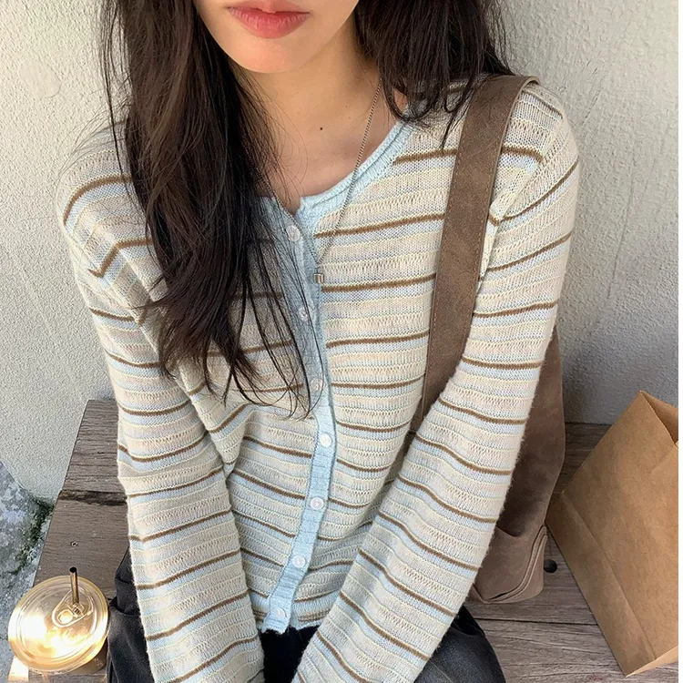 韩系复古撞色条纹针织开衫秋季休闲百搭潮流长袖上衣针织外套时尚