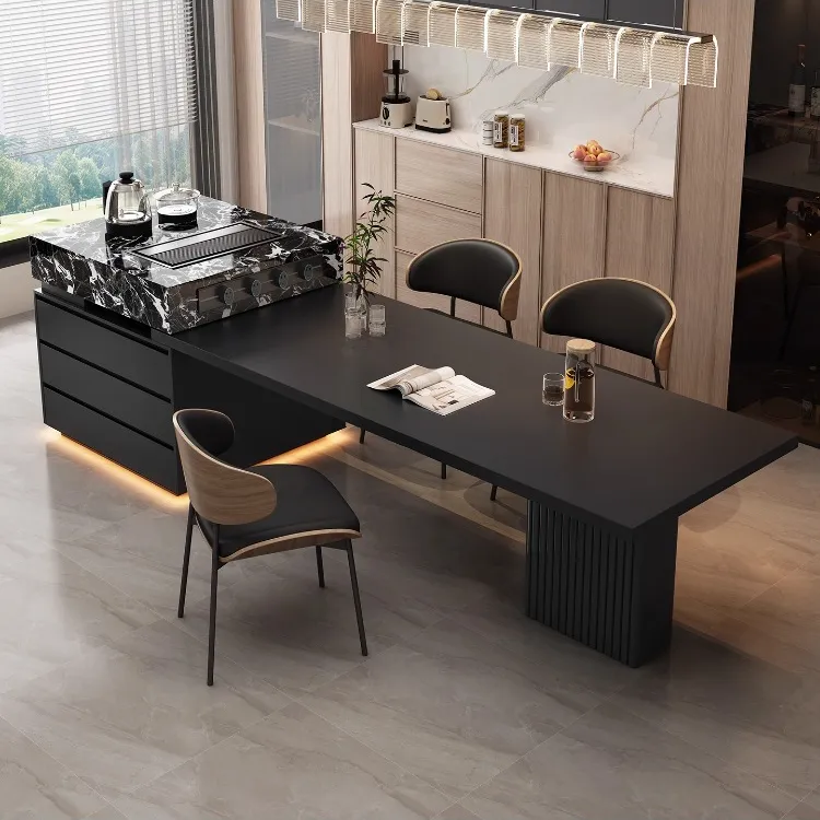 顺木佳高档宝格丽岛台岩板餐桌多功能伸缩一体岩板岛台家用新款