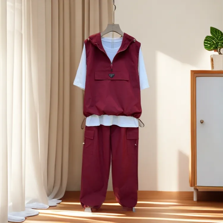 休闲运动套装女2025秋季新款连帽半拉连工装马甲短袖束腿裤三件套