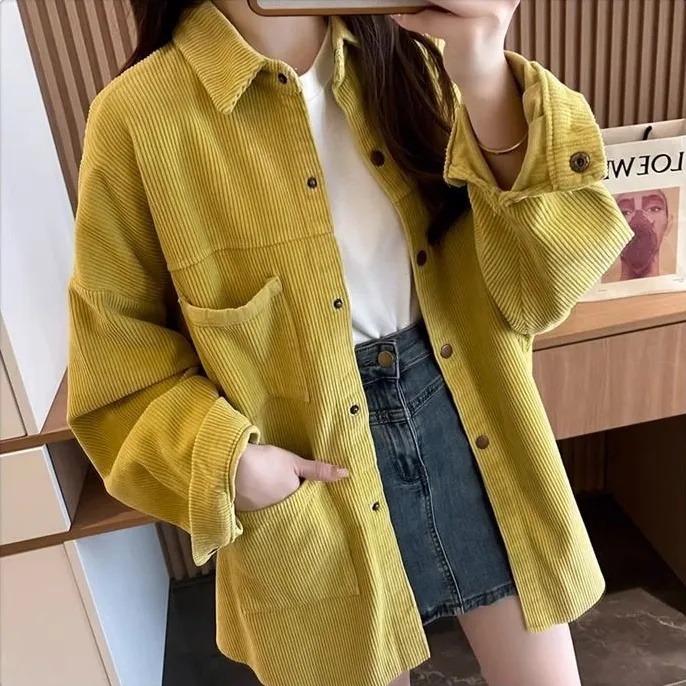 春装新款中长款纯色双口袋宽松大码休闲衬衣灯芯绒外套女衬衫