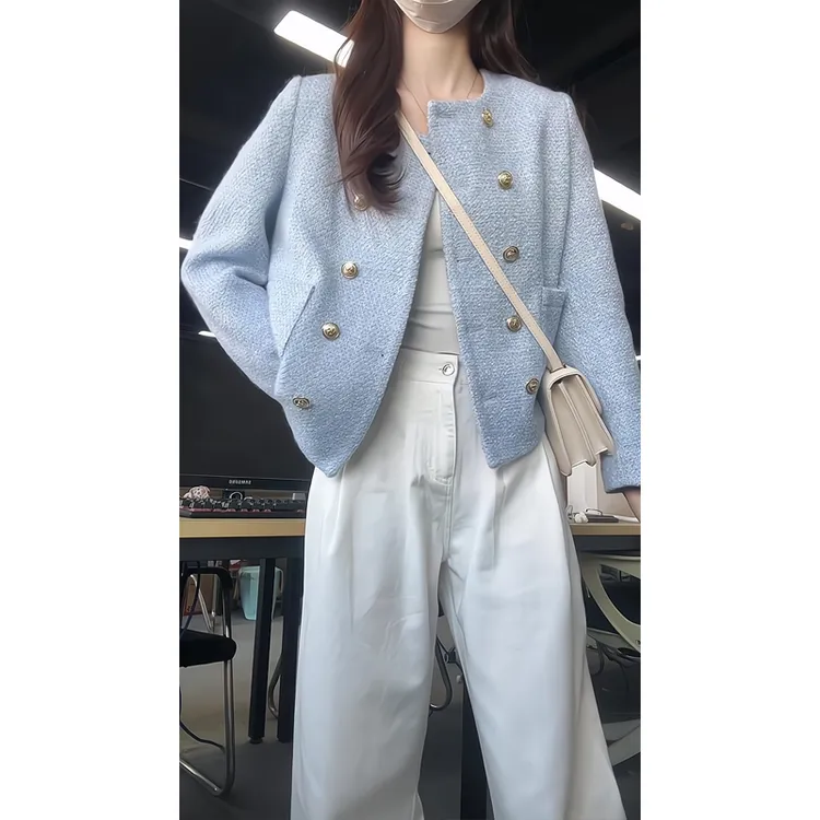 法式名媛气质蓝色小香风外套粗花呢短款上衣阔腿牛仔裤直筒拖地裤