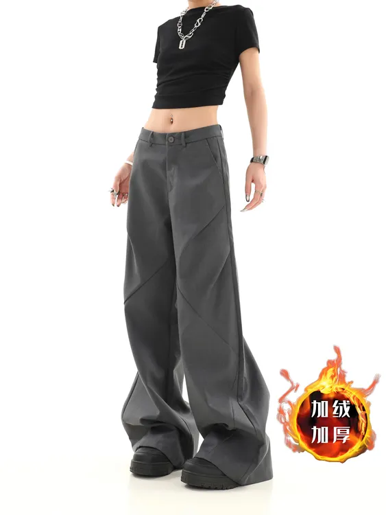 加绒加厚黑色休闲裤女秋冬新款低腰垂感西装长裤宽松阔腿拖地裤子