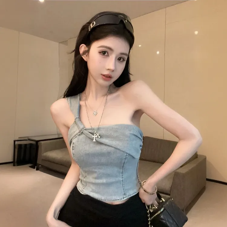 设计感小众外穿美式复古高腰牛仔吊带背心女辣妹斜肩无袖抹胸上衣