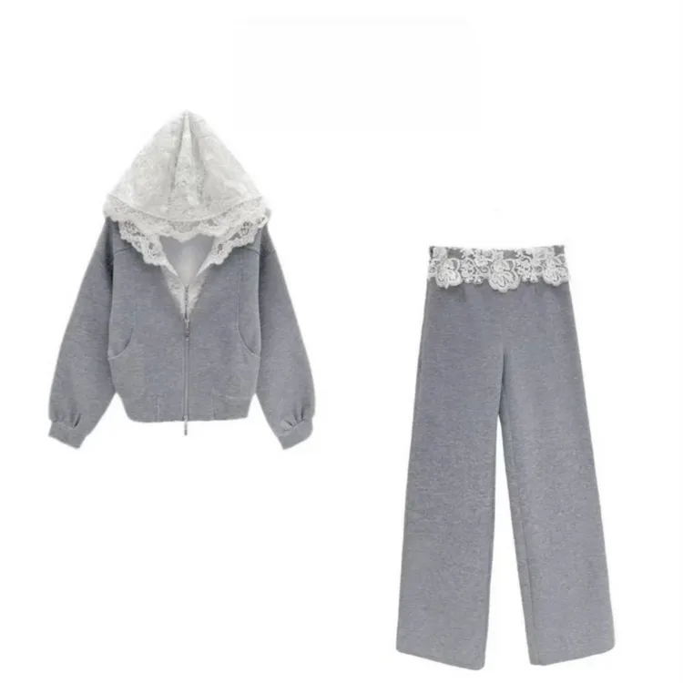 欧洲站2025早春新款蕾丝连帽拉链外套假两件休闲直筒裤套装2