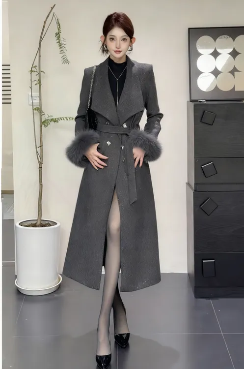 高级感毛呢大衣外套新款时尚亮闪轻奢显瘦系带风衣