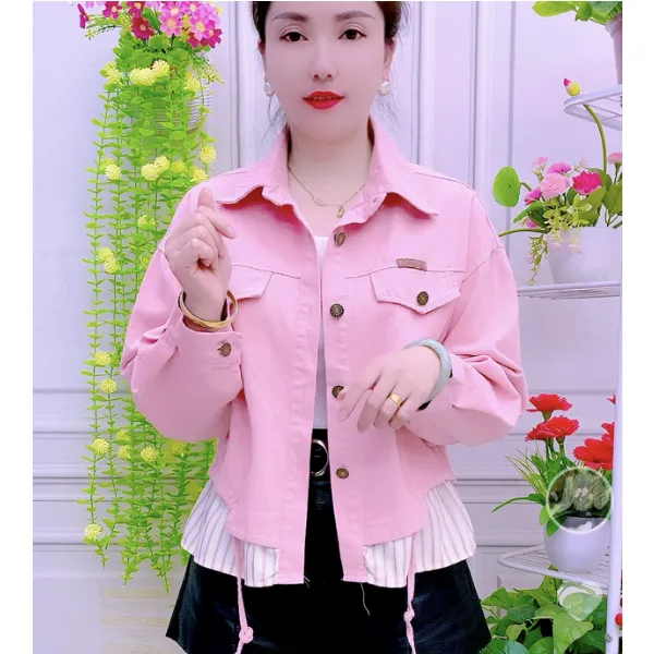 可调节拼接短外套牛仔条纹春季女装衬衫压格豹纹休闲修身翻领