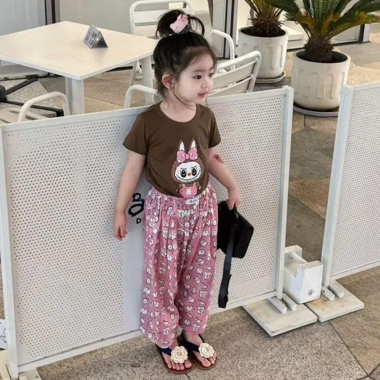 小思家2025夏季新款韩版宽松百搭女童卡通印花短袖碎花休闲裤套装