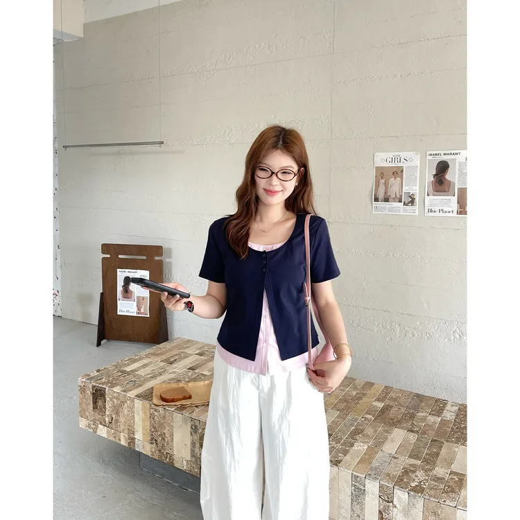 裂渡宣宣【撞色交织】微胖大码女夏百搭假两件撞色针织T恤ZY506A42