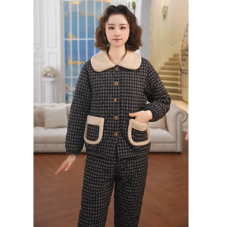 梭织色织格三夹棉扣领长袖长裤女套