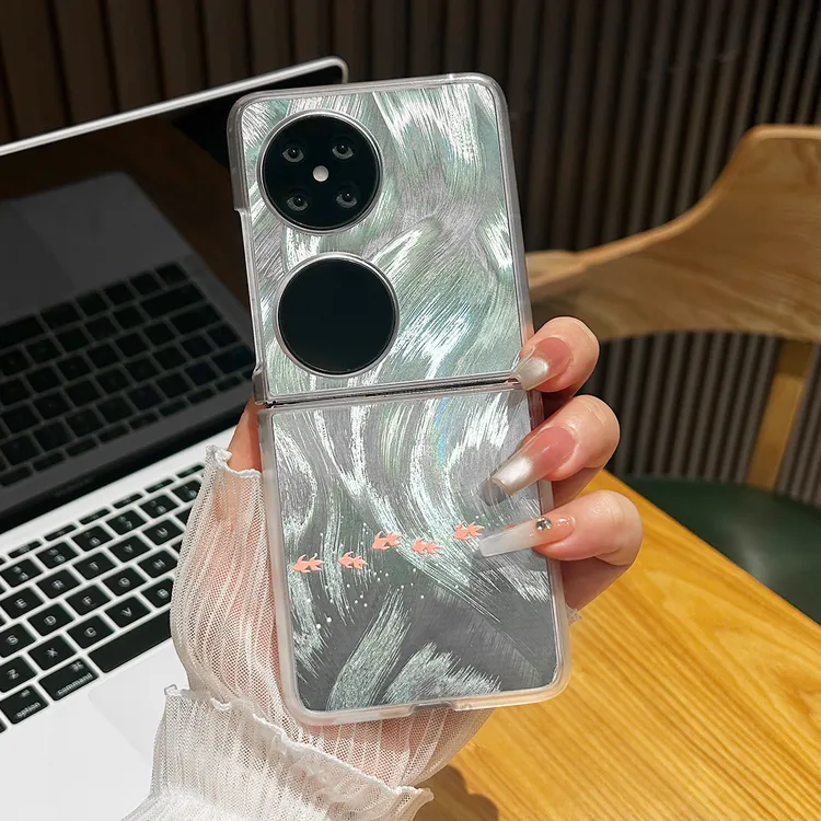 渐变小鱼儿羽纱折叠适用华为pocket2手机壳VIVOXFLIP防摔高级清新