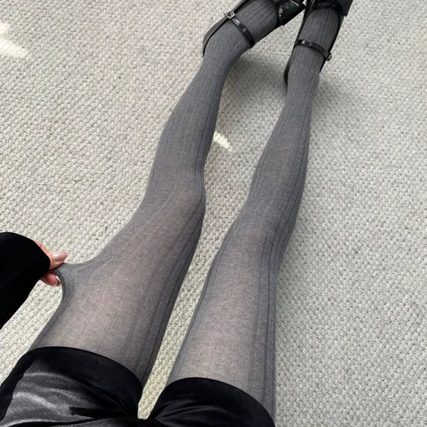 黑色连裤袜女秋冬纯棉保暖外穿薄款微透竖条纹显瘦春秋季打底袜子
