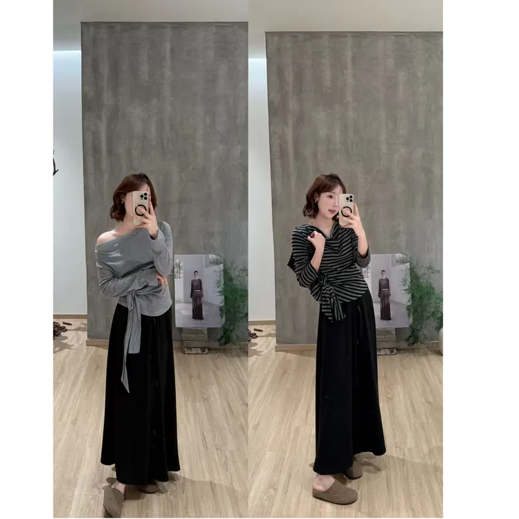 YPP！【进阶秋日】洋气减龄不规则露肩显瘦气质绑带收腰显瘦打底上衣