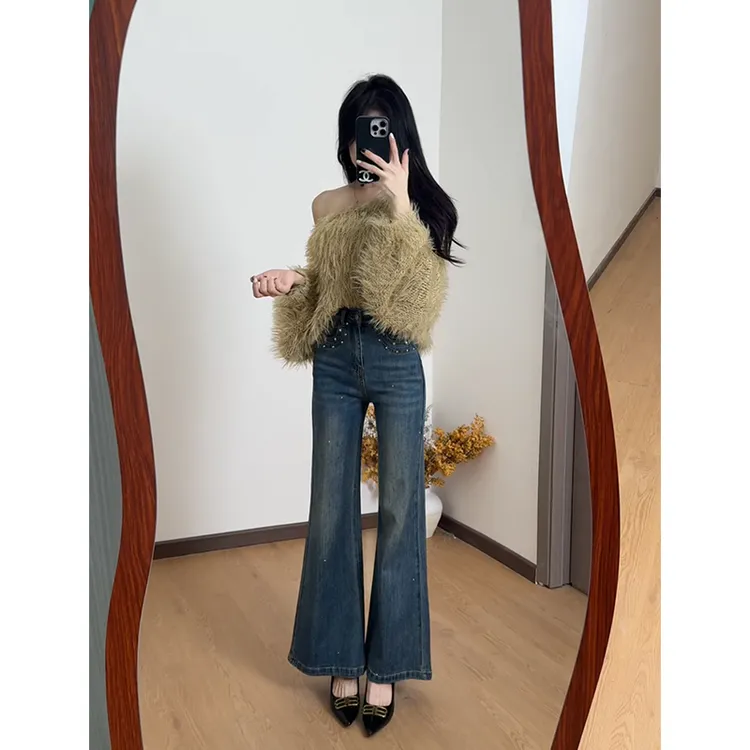 【婷婷专属】烫钻不贴腿微喇叭牛仔小个子女2025早秋新款高腰宽松喇叭裤设计感