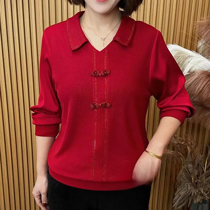 2025春节喜庆穿搭翻领盘扣拼接宽松显瘦洋气妈妈装长袖上衣 A8802