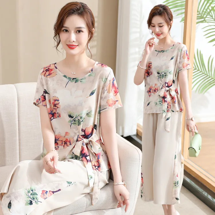 中年妈妈真丝花色套装女夏装雪纺洋气50岁高端桑蚕丝中老年两件套