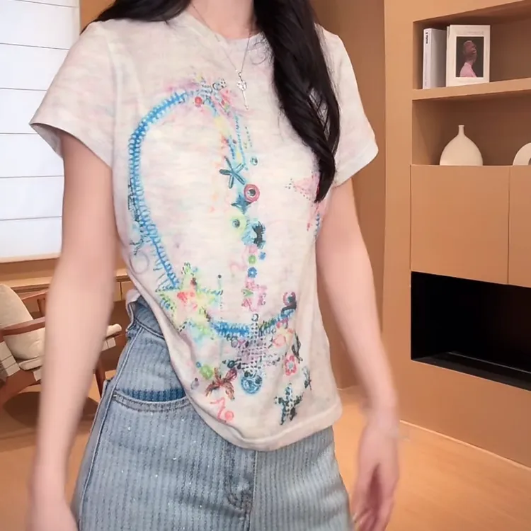 星星项链蝴蝶结音符彩纱T恤2025新款春夏时尚休闲洋气复古上衣