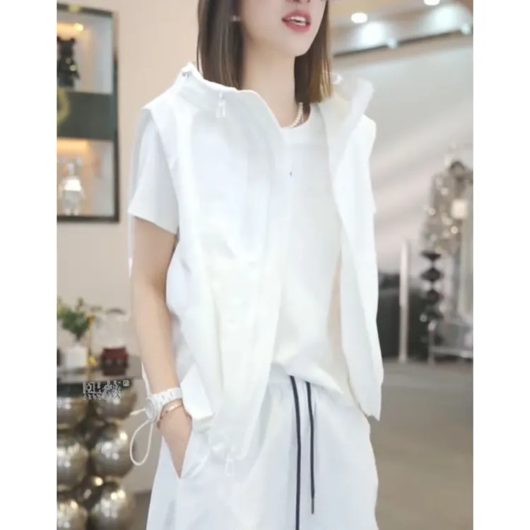 熙微连帽拉链设计感百搭背心女春夏休闲冲锋衣抽绳显瘦马甲上衣