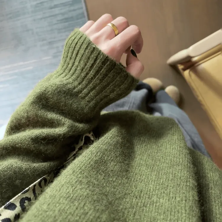 套头毛衣女韩系绿色翻领秋冬可外穿内搭慵懒风高级感宽松针织上衣