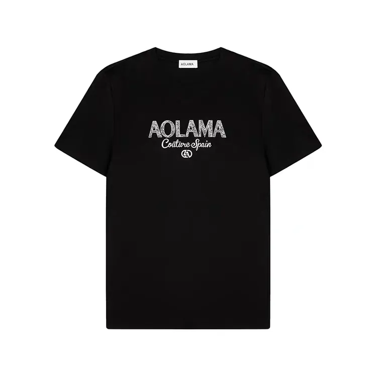 奥拉玛AOLAMA男装2025夏季新款印花绣花休闲圆领短袖T恤黑色