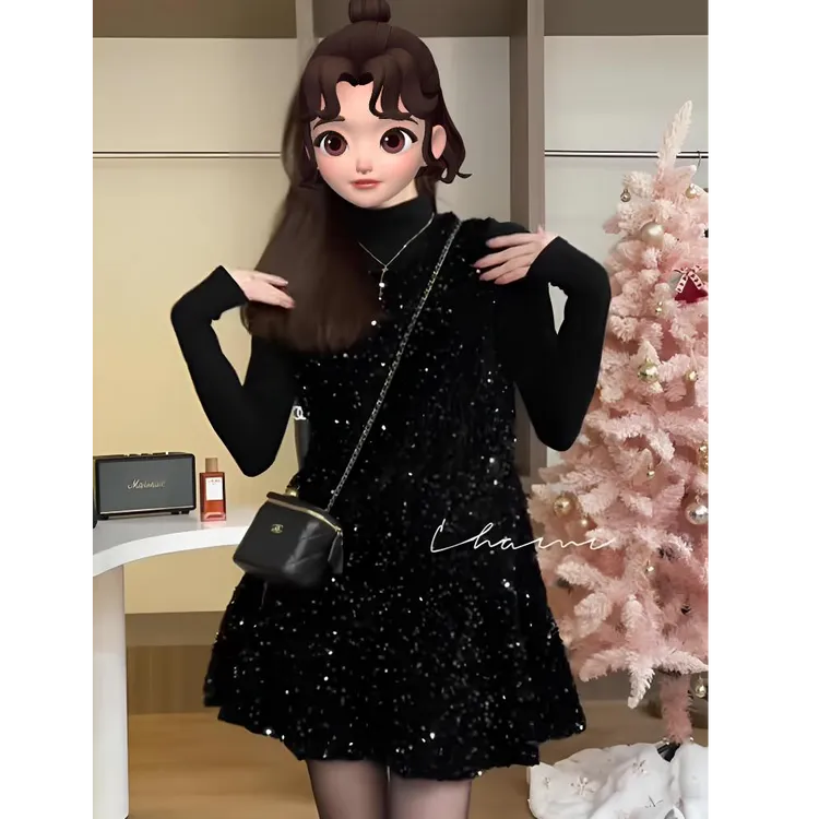 小香风亮片背心裙女早秋2025新款今年流行漂亮裙圣诞黑色连衣裙子