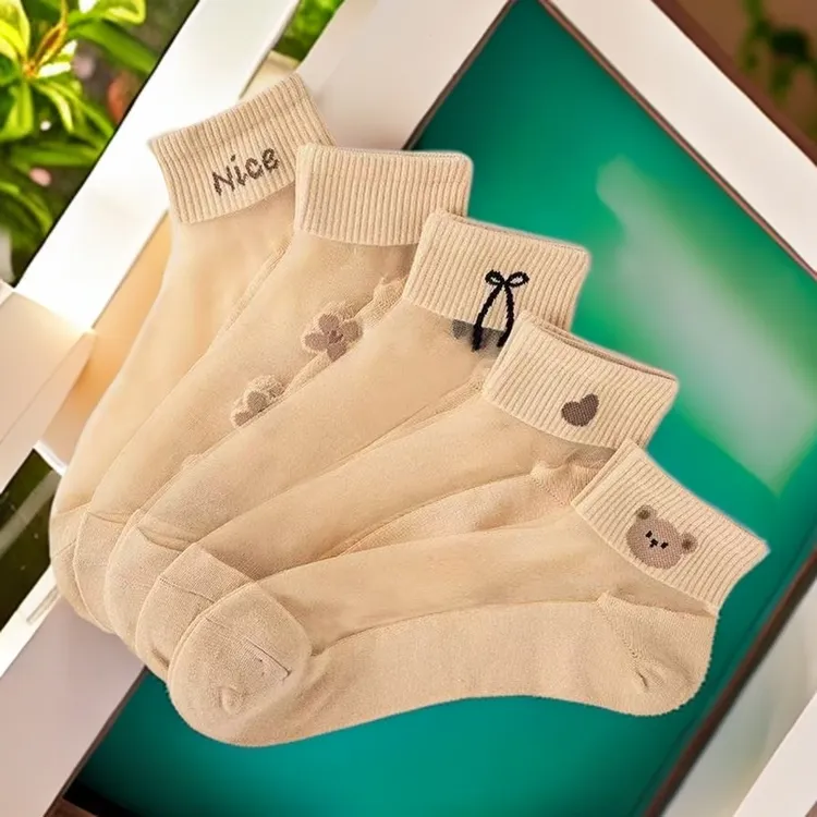 【8·9元/5双】袜子女夏水晶丝袜短筒船袜棉吸汗透气卡通ins季薄丝袜