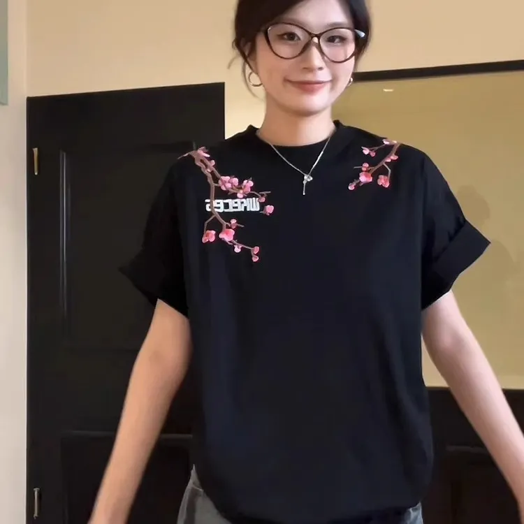国风刺绣黑色短袖t恤女纯棉2025夏季新款宽松设计感小众半袖上衣