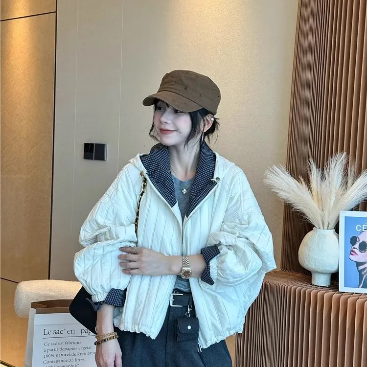 复古连帽压格短外套女欧洲站2025秋装新款欧货女装时尚夹克上衣潮