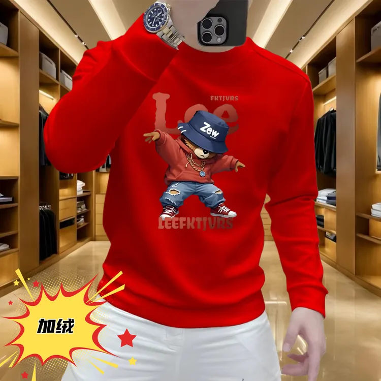 秋冬季新款加绒时尚潮流印花卫衣男士时尚套头圆领长袖百搭上衣