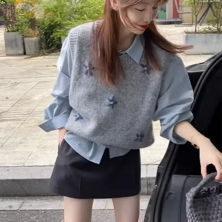 2026春季气质百搭长袖衬衫女宽松athflow风针织马甲套装