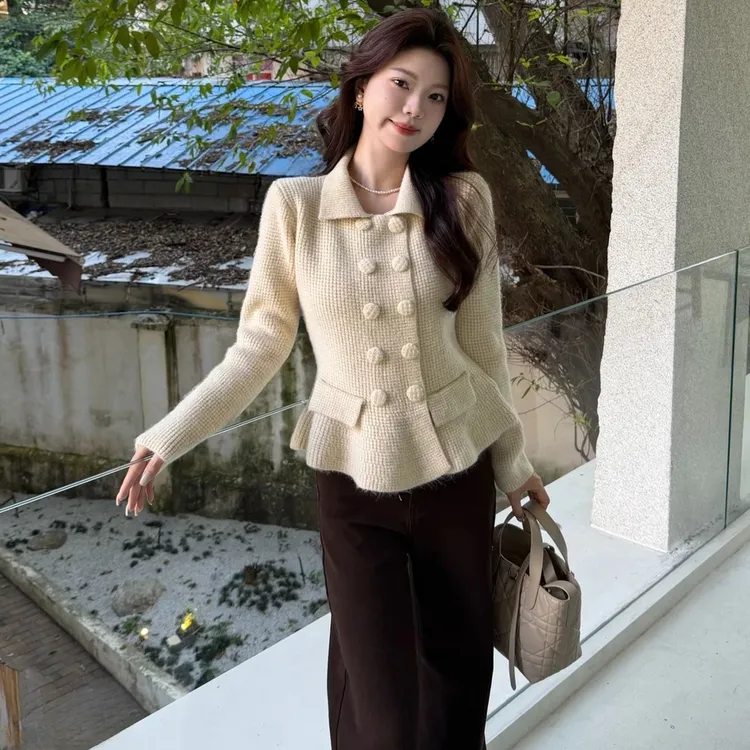 细闪小香风法式气质翻领双排扣针织开衫女25秋冬新款显瘦毛衣外套