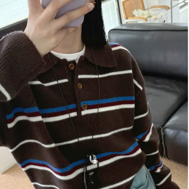 美式复古撞色条纹毛衣女2025年秋季新款百搭韩系休闲减龄针织上衣