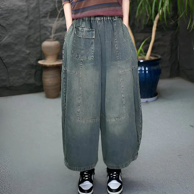 JJ复古薄款高腰女厚款短裤九分裤牛仔裤夏季裤子宽松脏脏风水洗