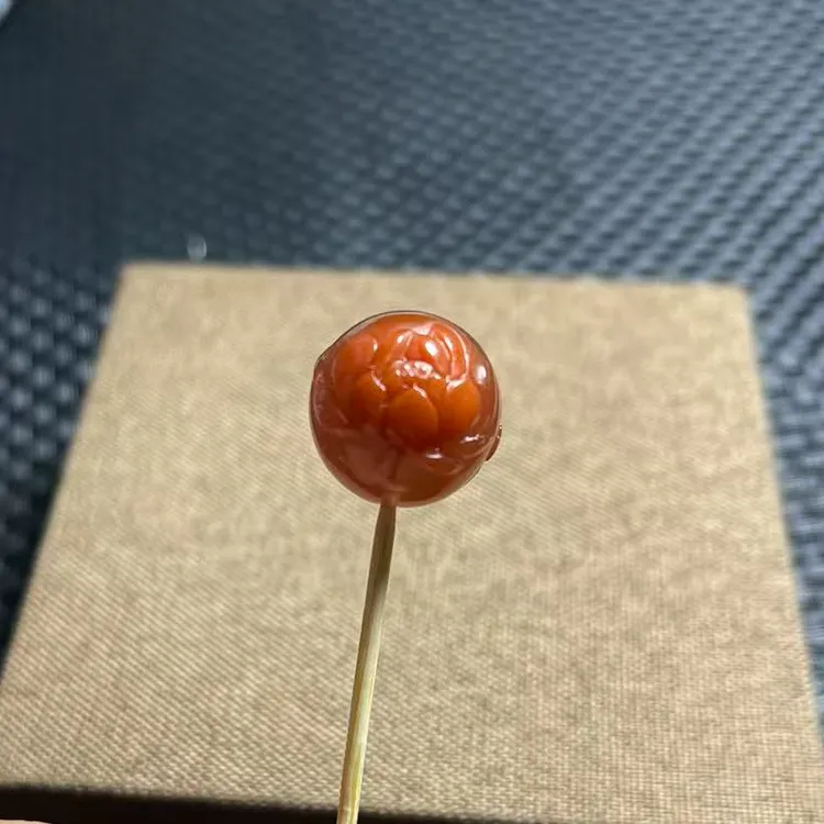 天然原矿南红玛瑙巧雕荷花蜻蜓17毫米圆珠diy配珠单珠转运珠特级