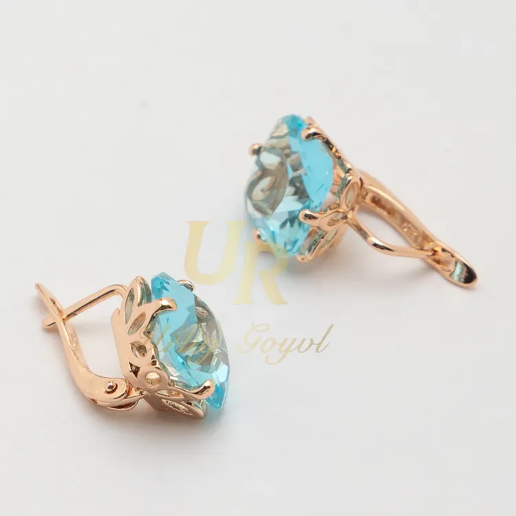 合金锆石耳饰 UR【顺丰包邮-无运费险】水蓝扣 玫瑰金色民族耳饰
