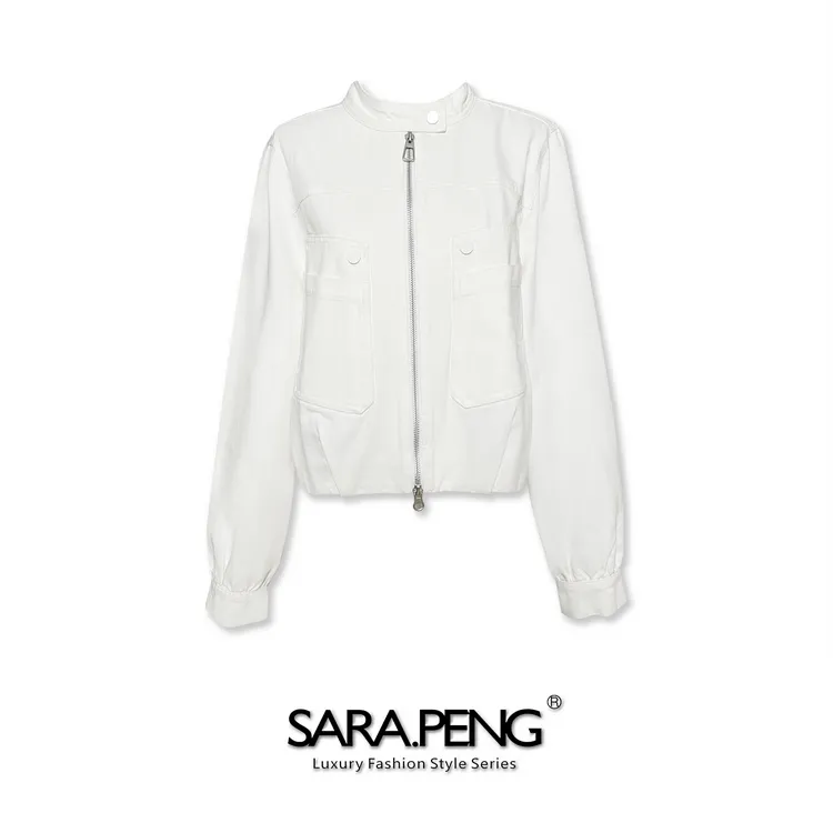 SARA.PENG白暮｜水洗白牛仔外套｜时尚版定制拉链｜甜酷御姐｜不易皱
