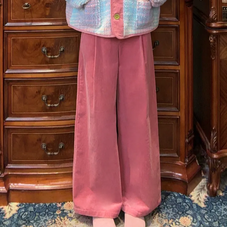 现货【一生罗曼】冬季加绒女法式复古气质粉色长款松紧腰直筒裤K794