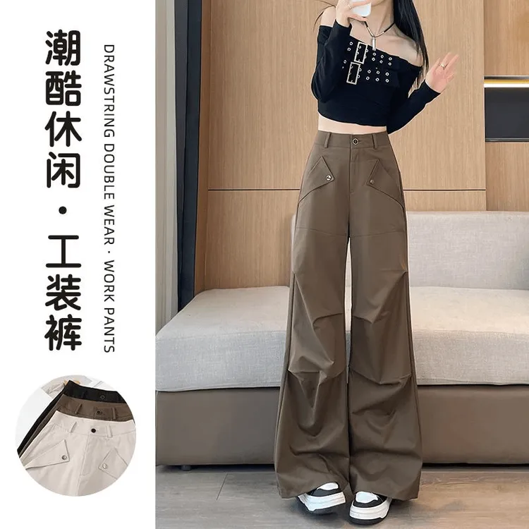 美式设计感阔腿工装裤女款2025春秋登山裤女小个子拖地直筒裤长裤
