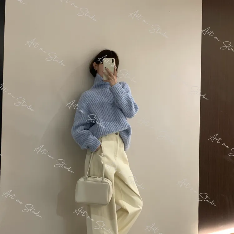 【ART ME】cel感高领坑条绵羊毛混纺廓形慵懒极简四色毛衣w24638