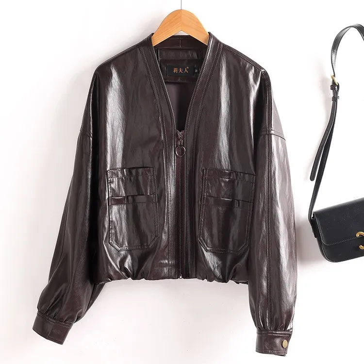 2025春秋新款海宁皮衣女短款绵羊皮时尚百搭显瘦韩版皮夹克Y-303#