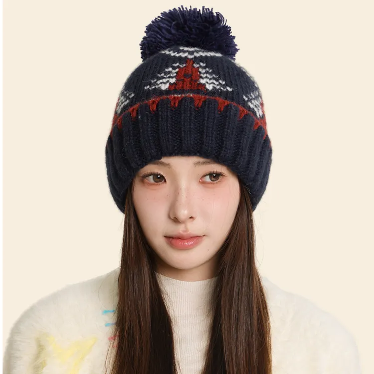 费尔岛提花复古护耳针织帽女新款秋冬保暖甜美时尚显脸小毛线帽子