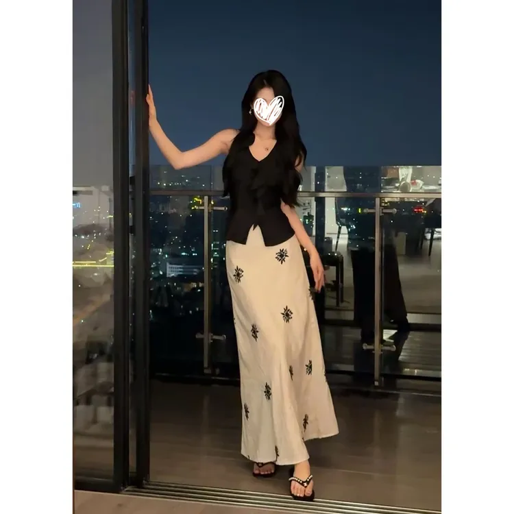  黑色无袖挂脖设计感小众衬衫女+气质风显瘦鱼尾半裙女套装1421