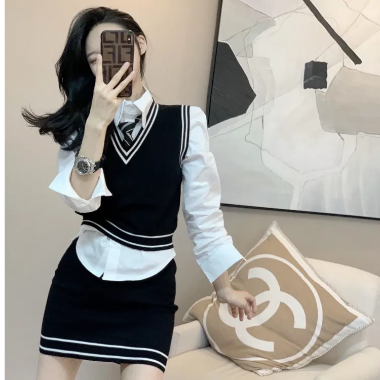 休闲秋冬时尚套装撞色拼接学院风瑞丽风针织都市风