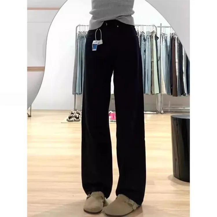 【现货+运费险】黑色加绒加厚窄版牛仔裤女大码高腰显瘦弹力直筒裤