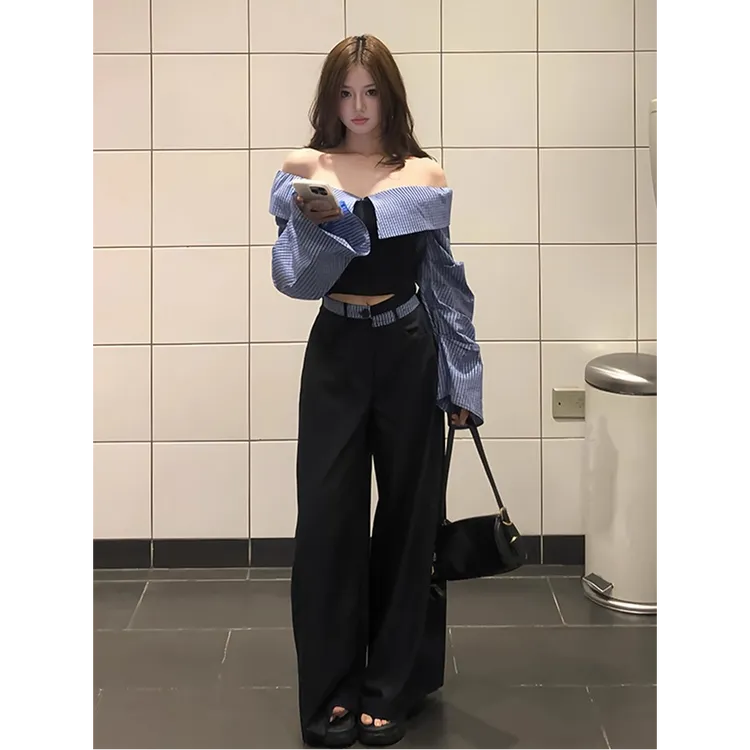 格子条纹拼接修身长袖衬衫女2025春季新款性感辣妹风阔腿裤两件套