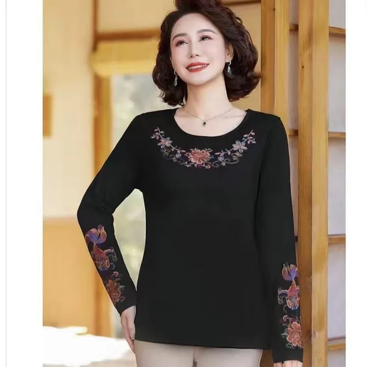 2025新中式刺绣牡丹国风圆领复古百搭长袖打底衫T恤民族风